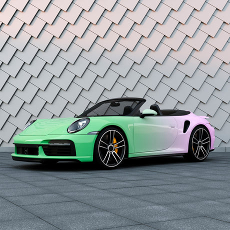 Convertible sports car featuring TeckWrap Purple to Green Gradient Vinyl Wrap – luxury vehicle with vibrant custom printed finish.