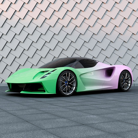Futuristic supercar wrapped in TeckWrap Purple to Green Gradient Vinyl – high-gloss printed wrap on aerodynamic body design.