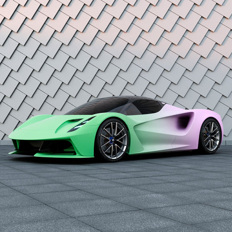 Exotic hypercar with TeckWrap matte purple to green gradient printed vinyl wrap, showcasing a premium color transition.