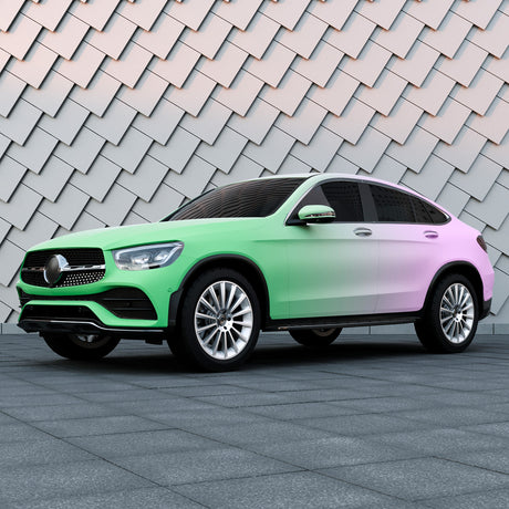 Luxury crossover SUV wrapped in TeckWrap's matte purple to green gradient vinyl film, styled for high-end visual impact.