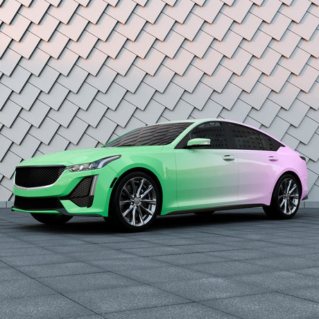 Sedan wrapped in TeckWrap Purple to Green Gradient Custom Vinyl – sleek gradient car wrap for modern automotive styling.