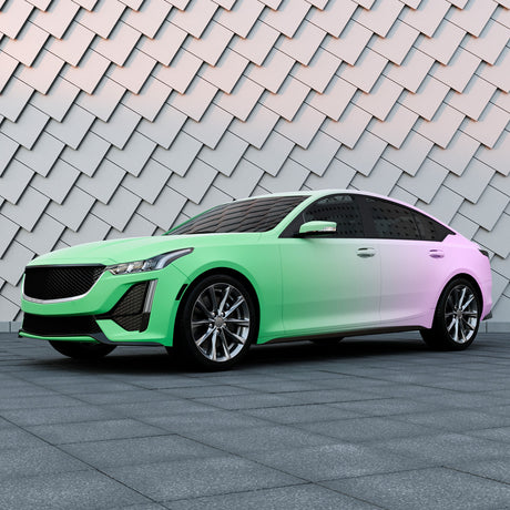 Modern luxury sedan customized with TeckWrap matte purple to green gradient vinyl wrap, emphasizing clean color fade.