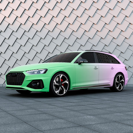 Performance wagon wrapped with TeckWrap matte purple to green gradient custom vinyl, highlighting aggressive styling.
