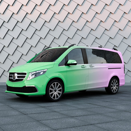 Minivan wrapped in TeckWrap Purple to Green Gradient Custom Vinyl – gradient wrap adds visual appeal to family vehicle.