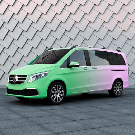 Premium minivan styled with TeckWrap's matte purple to green gradient wrap, combining utility and visual appeal.