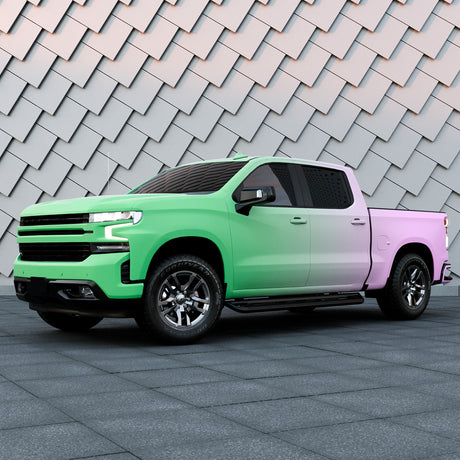 Pickup truck featuring TeckWrap matte purple to green gradient printed wrap, delivering a distinctive, modern look.