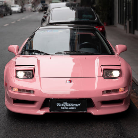Front View of Honda NSX Wrapped in TeckWrap Flamingo Pink Vinyl – Bold, sporty look of a classic Honda NSX wrapped in Flamingo Pink TeckWrap gloss vinyl wrap.