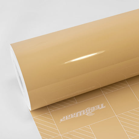 TeckWrap Leather Beige Gloss Vinyl Wrap roll with air release liner – showcasing warm beige high-gloss finish ideal for car wrapping.