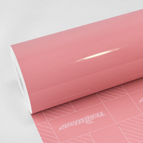 TeckWrap Flamingo Pink Gloss Vinyl Wrap Roll – A high-gloss TeckWrap Flamingo Pink vinyl wrap roll featuring smooth surface and vibrant pink finish, ideal for vehicle customization.