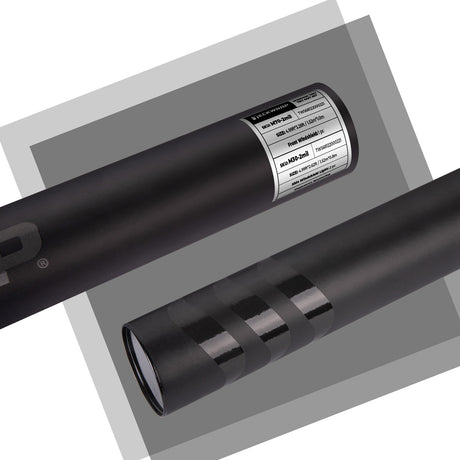 Close-up of Fortis Series Window Film packaging: Sleek matte black tube featuring detailed TeckWrap labeling for quick identification.