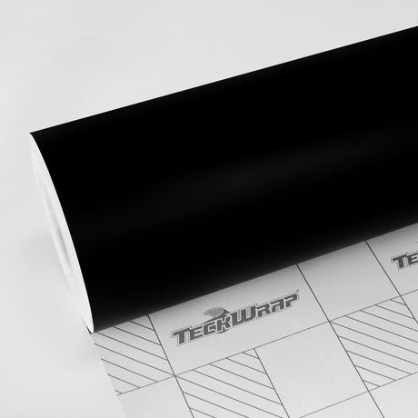 Close-up of TeckWrap Deep Black (SCM01) Matte Vinyl Wrap roll for vehicle customization