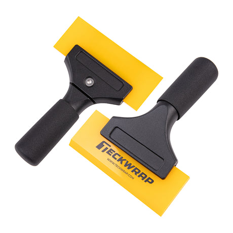 Two TeckWrap rubber squeegees displayed from front and rear angles, highlighting the sturdy black ergonomic handle, robust attachment mechanism, and the flexible yellow blade designed for smooth and bubble-free window tint and PPF installations