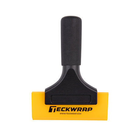 Front view of TeckWrap rubber squeegee featuring a durable black ergonomic handle and a flexible, high-quality yellow blade, ideal for precision application of window tint and paint protection films.