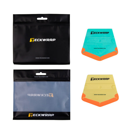 TeckWrap turquoise and yellow squeegees with black resealable storage pouches, perfect for detailed vinyl application and wrap installation
