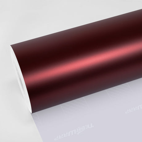 TeckWrap Satin Metallic Oxide Red (SMT18) vinyl wrap roll with smooth satin finish and deep red metallic hue for premium automotive wrapping.