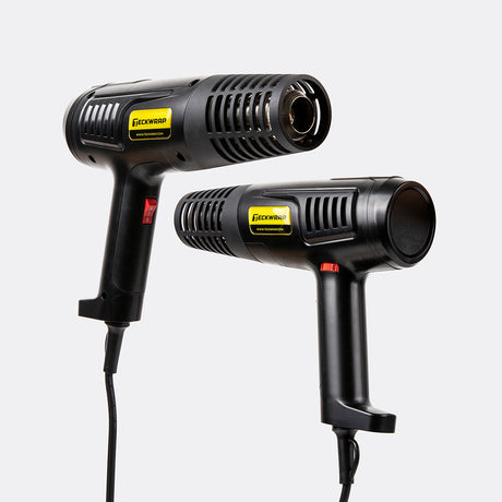 Front and side view of TeckWrap Standard Heat Gun, highlighting the vented nozzle and dual safety switches for efficient heat application.