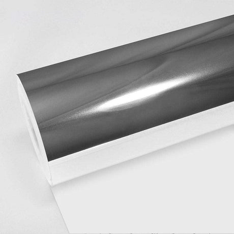 TeckWrap Chrome White Gold (CHM01-HD) vinyl wrap roll showcasing its ultra-reflective, mirror-finish surface, ideal for premium vehicle customization.