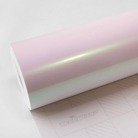 Close-up of Teckwrap Gloss Aurora White (DCH02-HD) vinyl wrap roll, highlighting its glossy, iridescent finish with subtle pink and green hues.