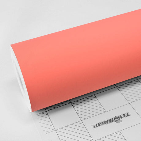 TeckWrap Autumn Blaze (SCM36) Matte Vinyl Wrap roll showcasing its smooth, elegant coral finish ideal for vehicle wrapping and customization.