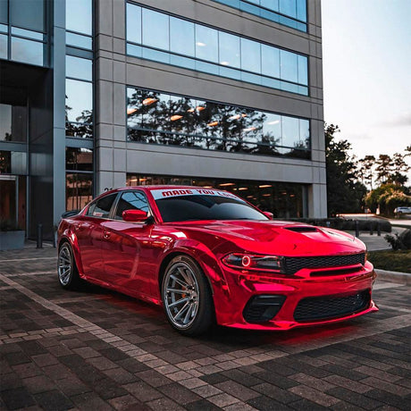Front Side View of a Glossy Cherry Red Chrome Wrapped Muscle Car, Vibrant Mirror Effect