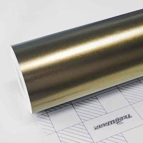 Close-up roll of Teckwrap Satin Bond Gold (ECH17) vinyl wrap showcasing its smooth, metallic gold finish and subtle satin sheen.