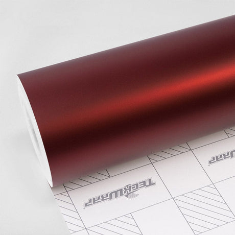 TeckWrap SMT18 satin metallic oxide red vinyl wrap roll showcasing rich matte-red finish and smooth texture for premium vehicle customization.