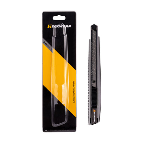 TeckWrap 9mm Utility Knife shown inside and outside of packaging – professional cutting tool for vinyl wrap applications.
