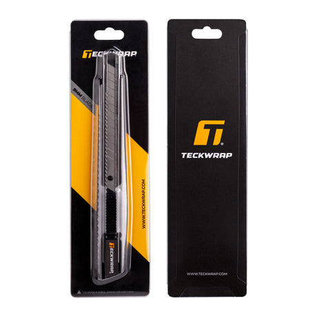 TeckWrap 9mm Utility Knife in retail packaging – front and back view of high-precision vehicle vinyl wrap cutting tool.