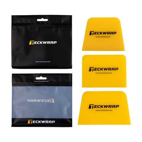 TeckWrap 3-piece yellow squeegee set TW-GBT-S02 with three different corner shapes, shown alongside black resealable branded packaging – ideal for vehicle vinyl wrap application.